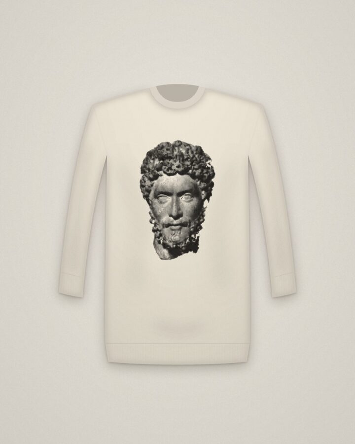 Antonine Noble Crewneck in Natural, Portrait Head of a Noble or Official printed in halftone