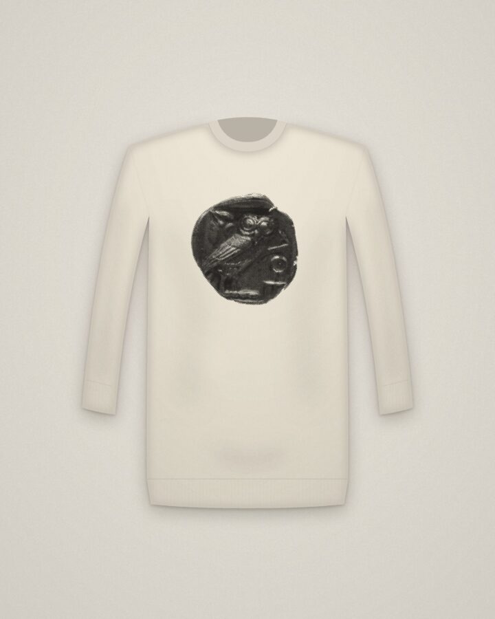 Athena's Owl Crewneck in Natural, Tetradrachm: Owl with Crescent Moon and Olive Branch printed in halftone
