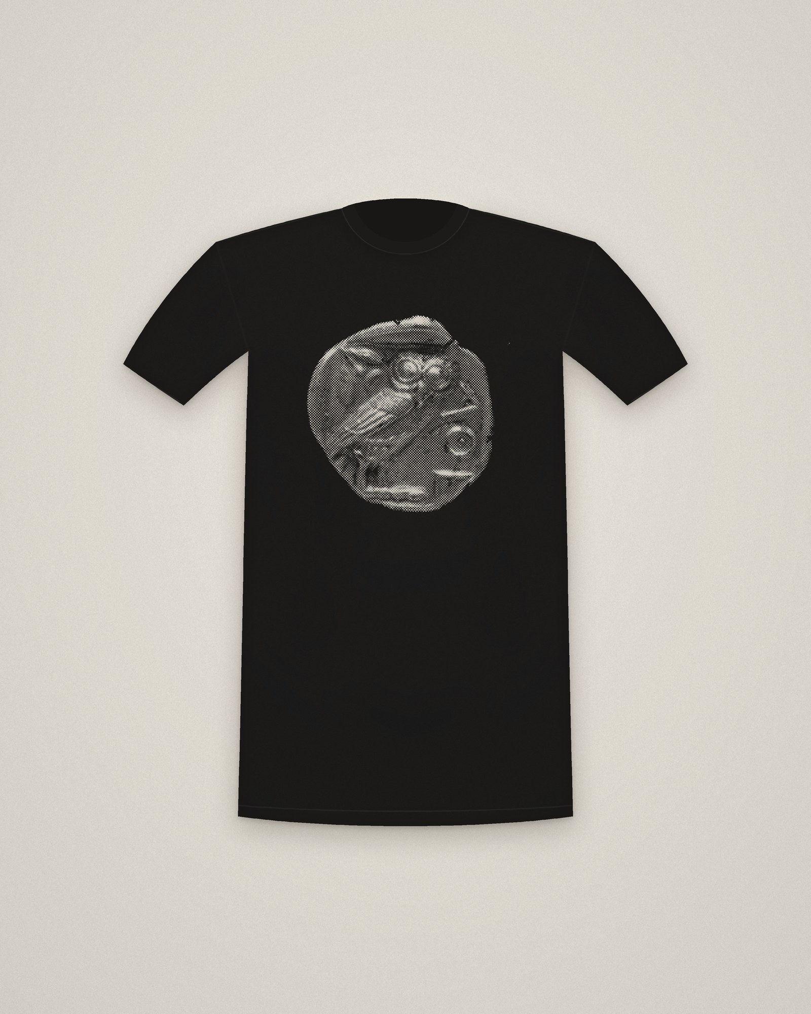 Athena's Owl Tee in Black, Tetradrachm: Owl with Crescent Moon and Olive Branch printed in halftone