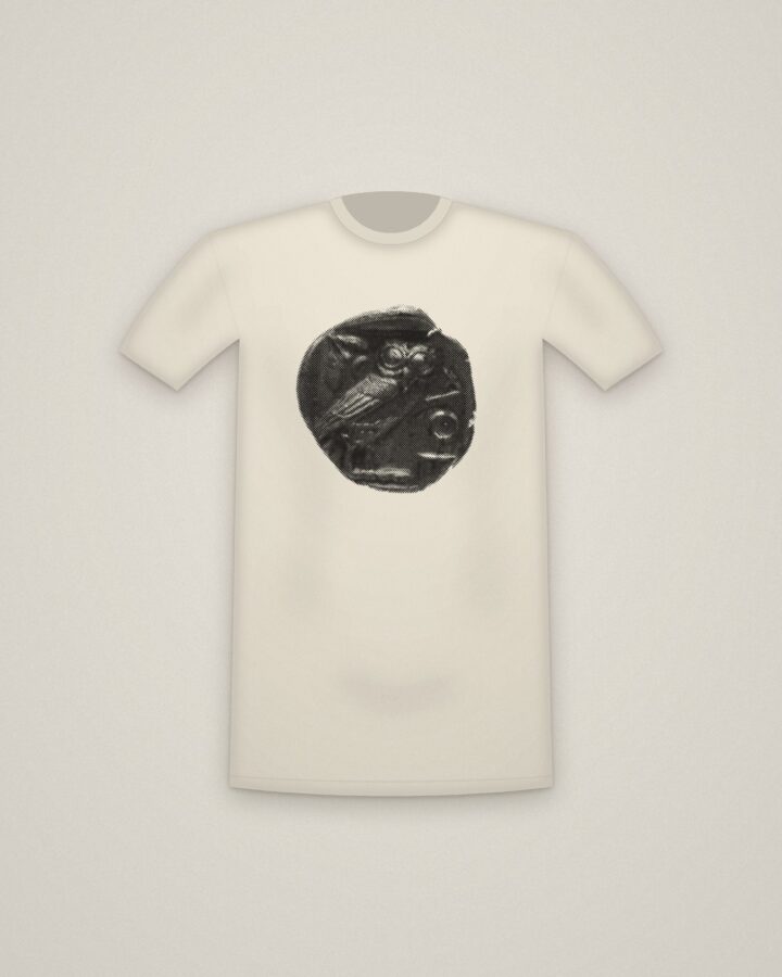 Athena's Owl Tee in Natural, Tetradrachm: Owl with Crescent Moon and Olive Branch printed in halftone