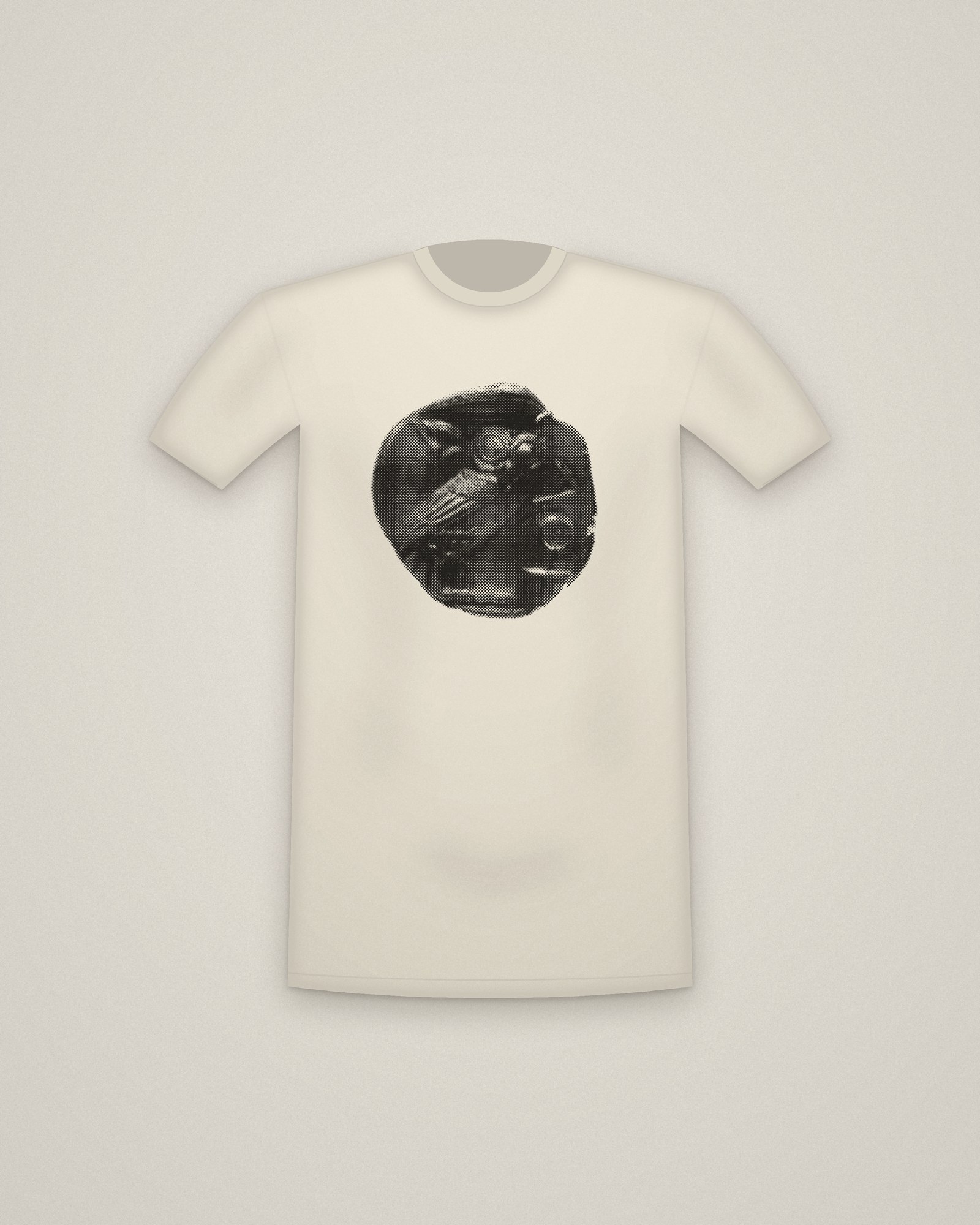 Athena's Owl Tee in Natural, Tetradrachm: Owl with Crescent Moon and Olive Branch printed in halftone