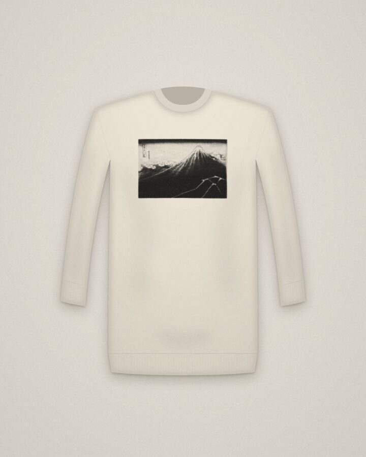 Black Fuji Crewneck in Natural, Rain Below the Mountain, from Thirty-six Views of Mt. Fuji printed in halftone
