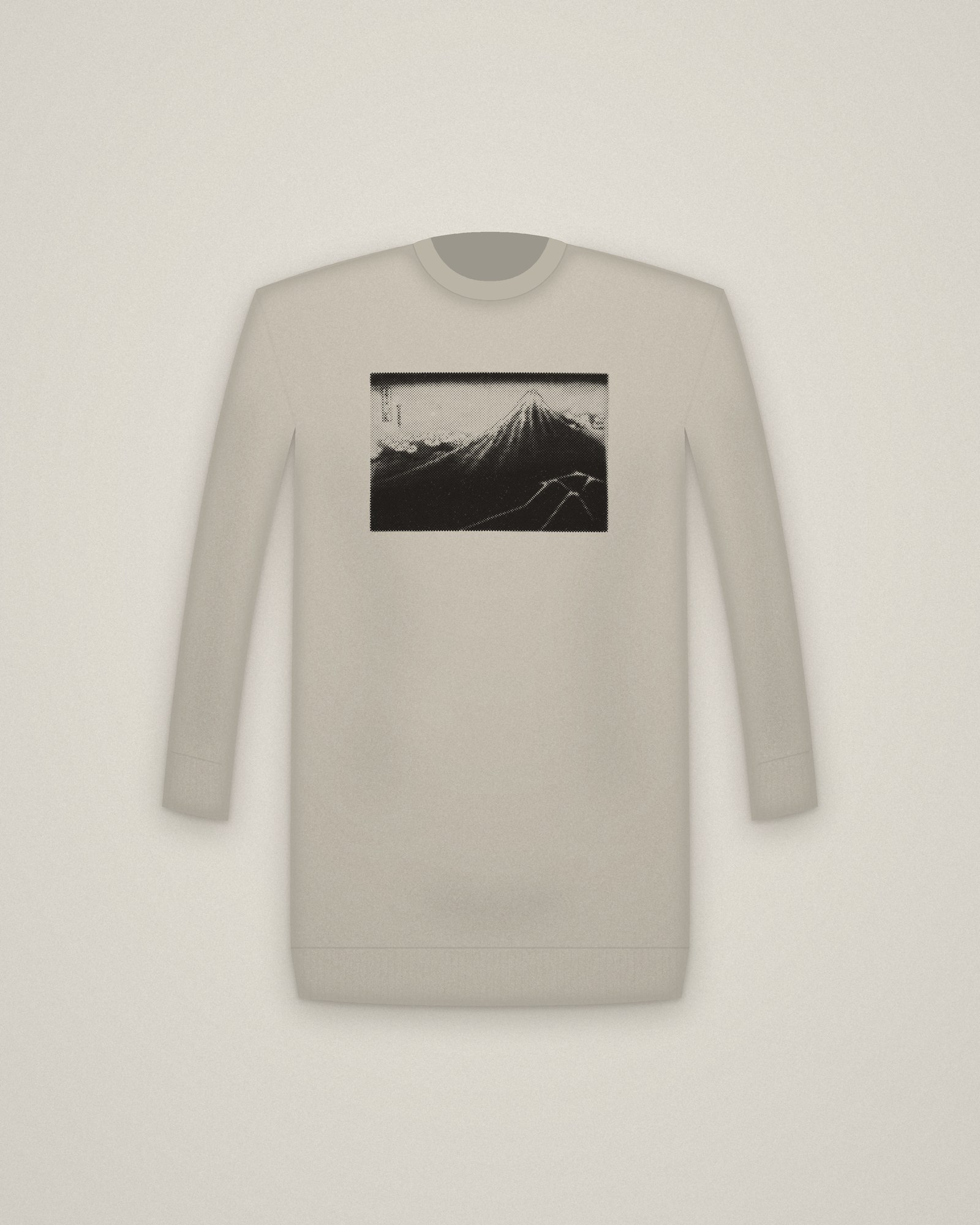 Black Fuji Crewneck in Stone, Rain Below the Mountain, from Thirty-six Views of Mt. Fuji printed in halftone
