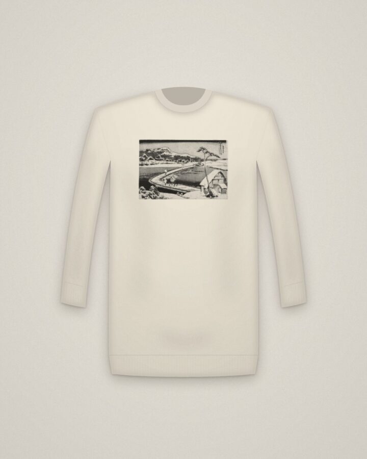 Boat Bridge Crewneck in Natural, An Ancient Picture of the Boat Bridge at Sano, from Remarkable Views of Bridges printed in halftone