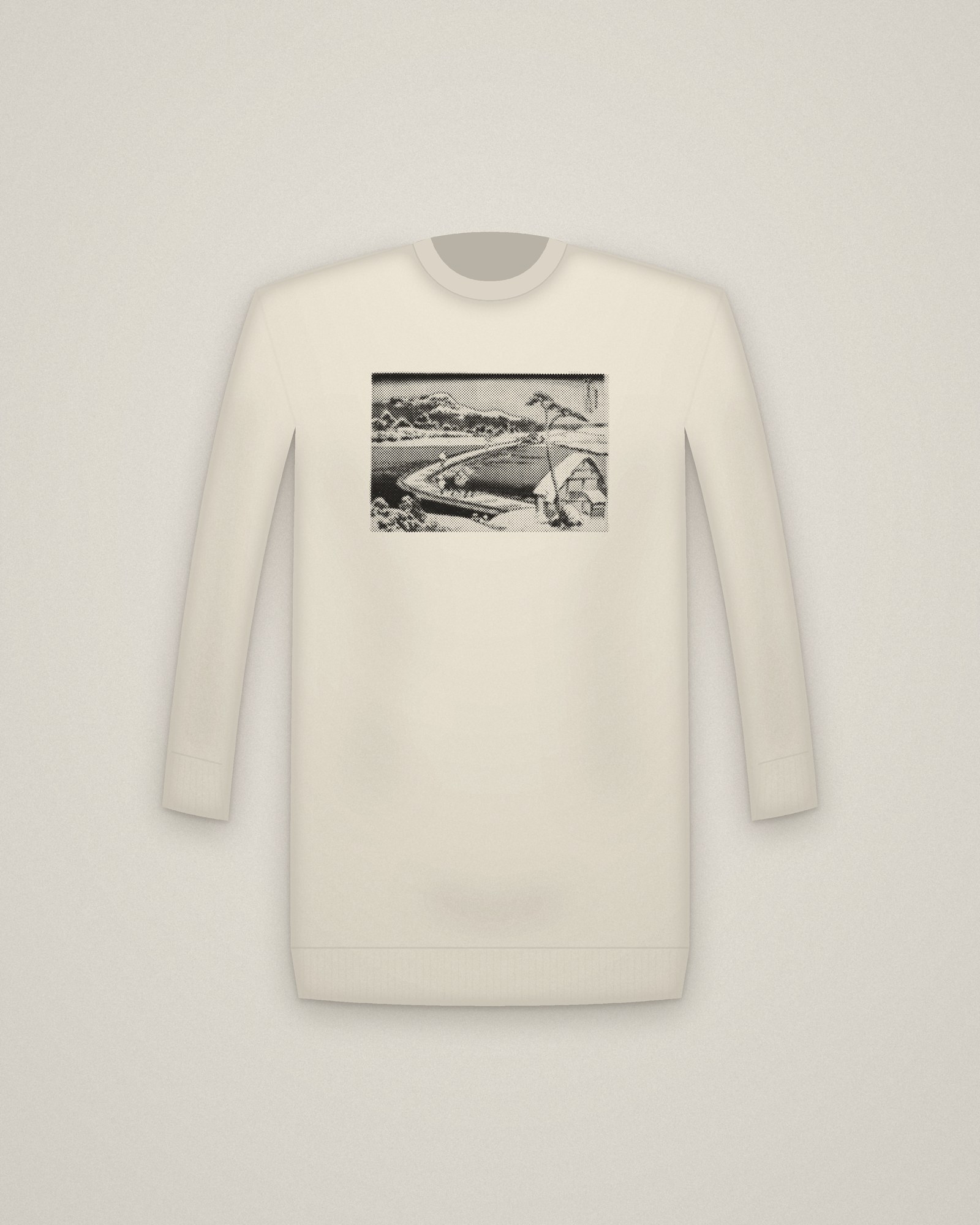 Boat Bridge Crewneck in Natural, An Ancient Picture of the Boat Bridge at Sano, from Remarkable Views of Bridges printed in halftone