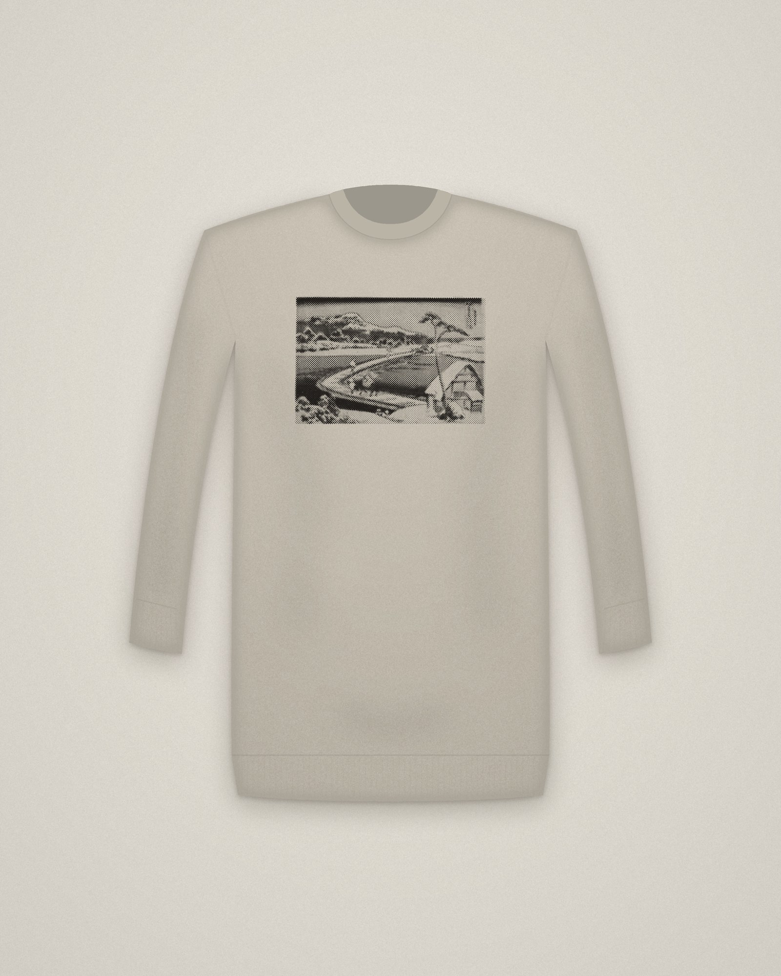 Boat Bridge Crewneck in Stone, An Ancient Picture of the Boat Bridge at Sano, from Remarkable Views of Bridges printed in halftone