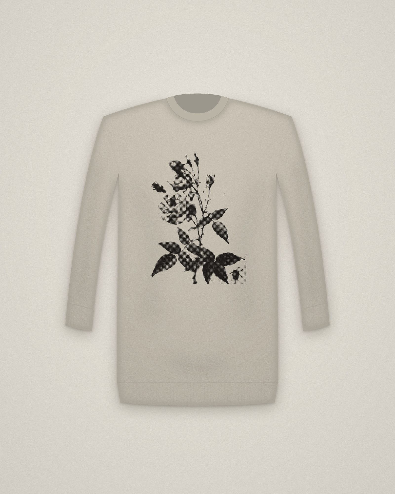China Rose Crewneck in Stone, The Roses: China or Bengal Rose printed in halftone