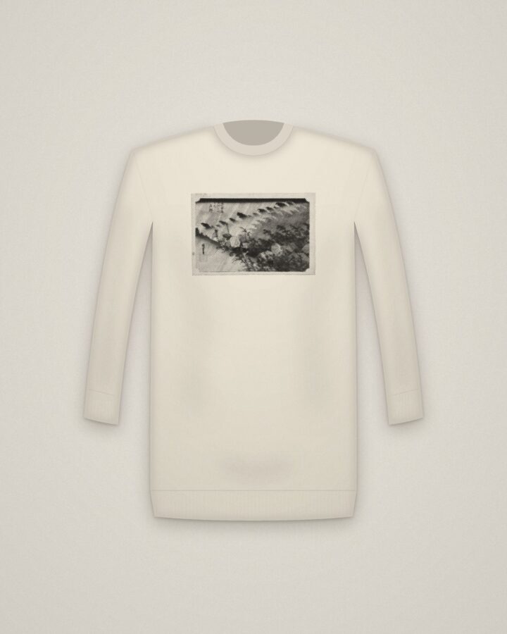 Driving Rain Crewneck in Natural, Driving Rain at Shōno, from Fifty-three Stations of the Tōkaidō printed in halftone