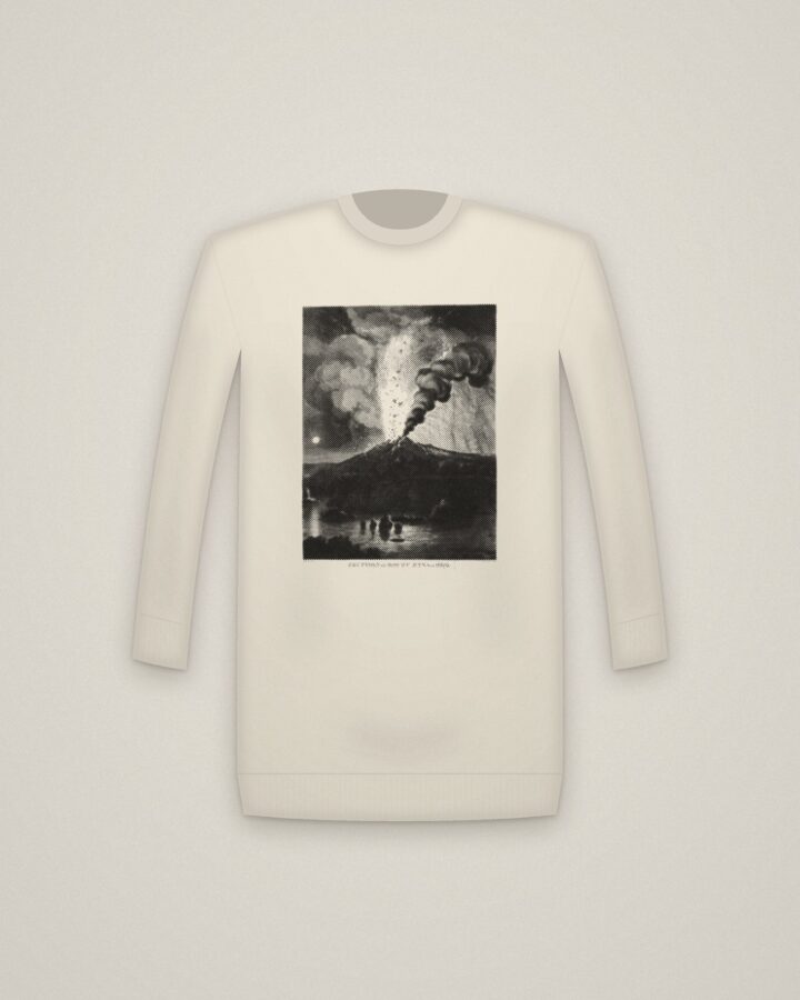 Etna Crewneck in Natural, Eruption of Mount Aetna in 1669 printed in halftone