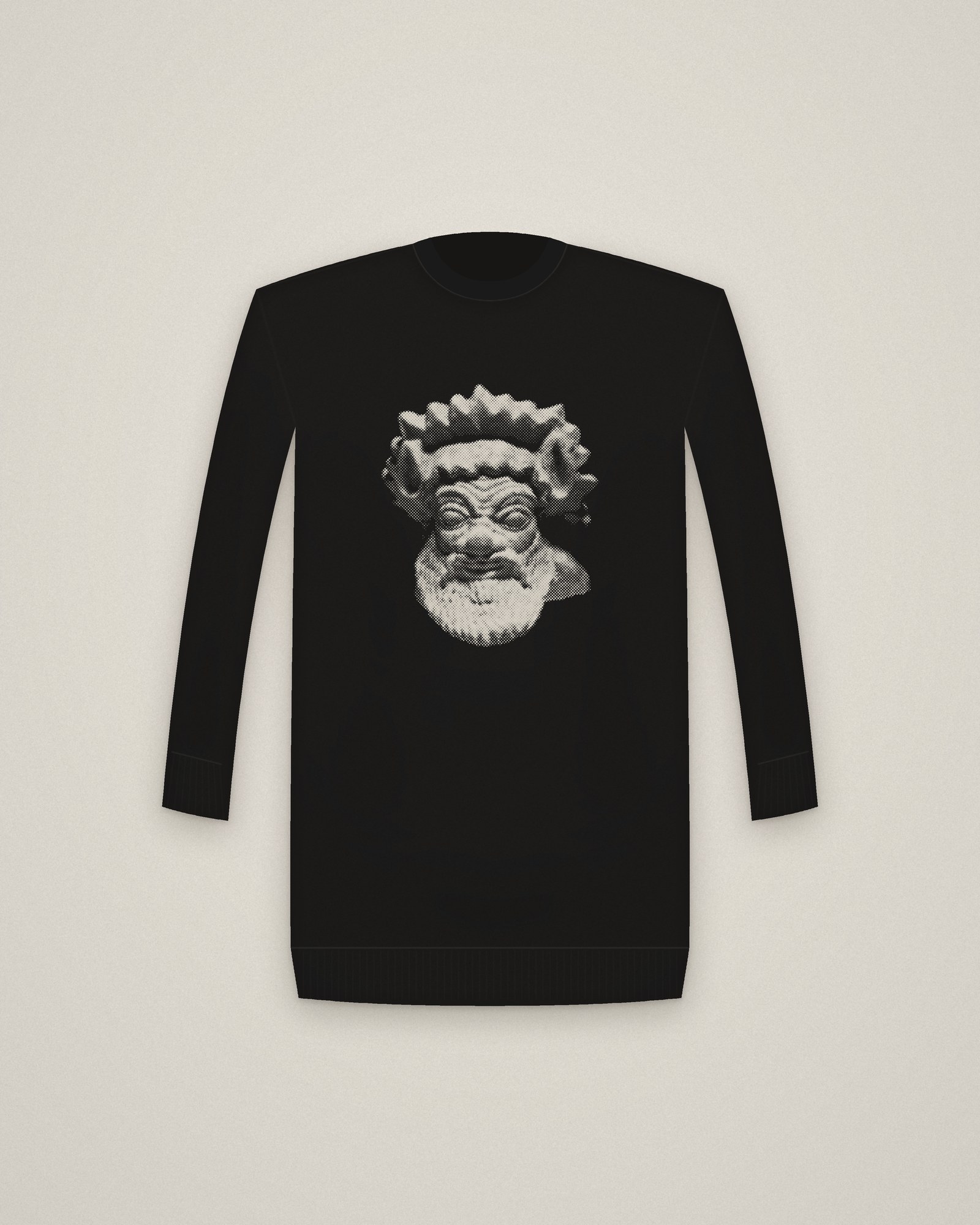 Etruscan Satyr Crewneck in Black, Satyr Head printed in halftone