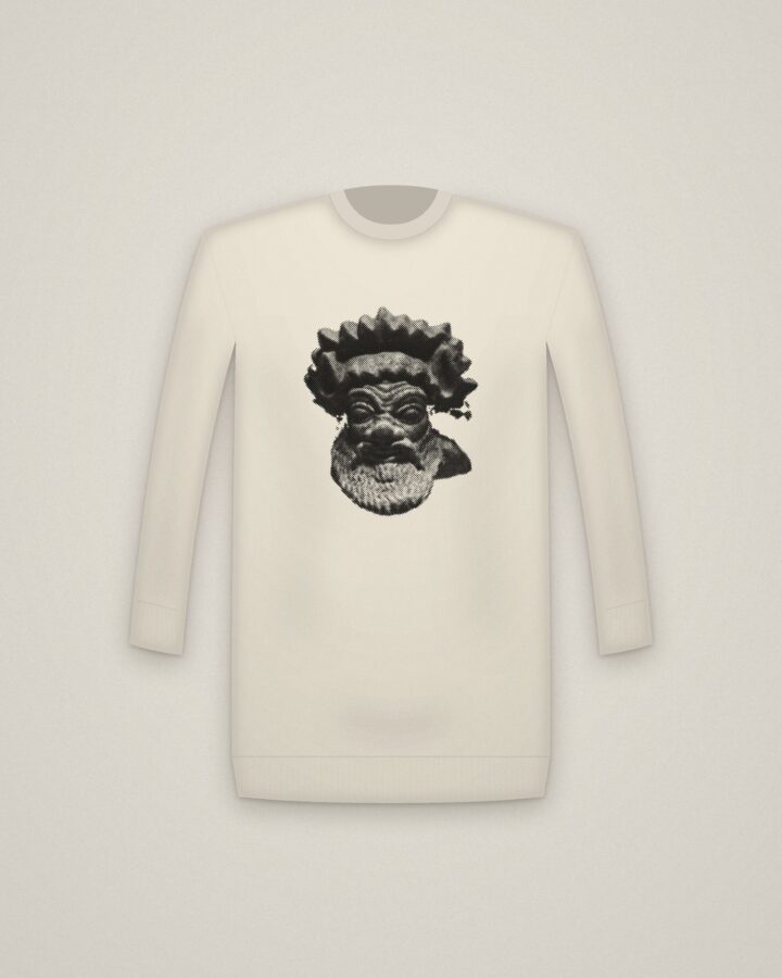 Etruscan Satyr Crewneck in Natural, Satyr Head printed in halftone