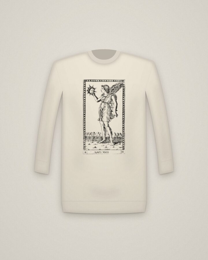 Genius of the Sun Crewneck in Natural, Genius of the Sun, from the Tarocchi printed in halftone