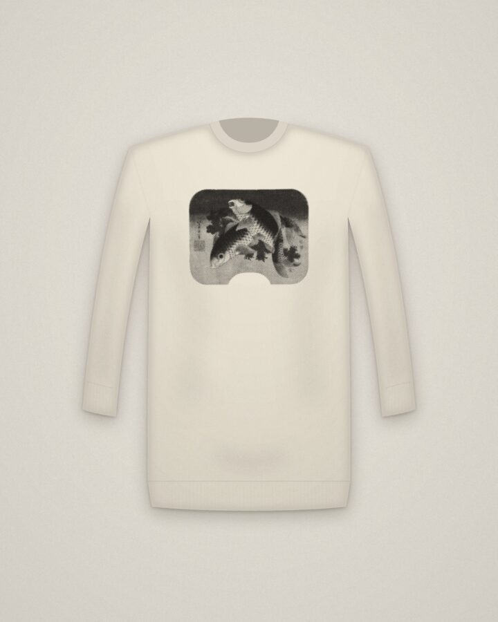 Hokusai Carp Crewneck in Natural, Carp Swimming by Water Weeds printed in halftone