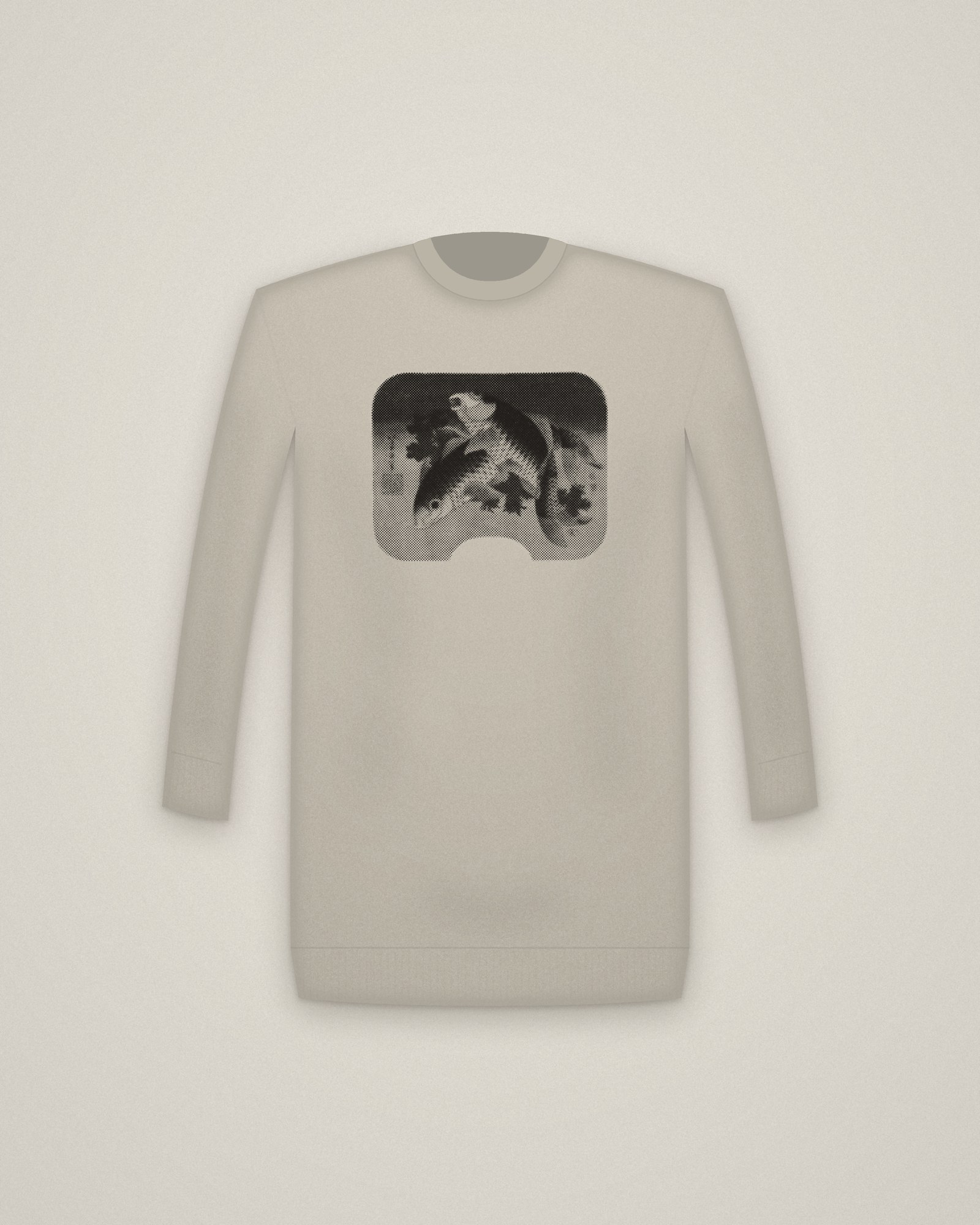 Hokusai Carp Crewneck in Stone, Carp Swimming by Water Weeds printed in halftone