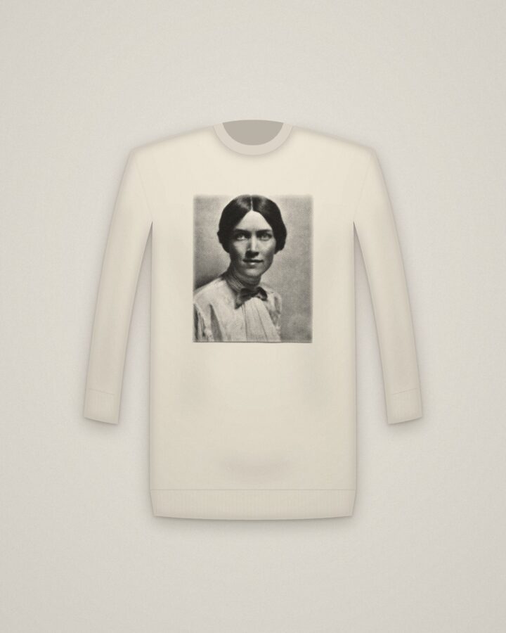 Honoré Crewneck in Natural, Portrait of Honoré Willsie Morrow printed in halftone