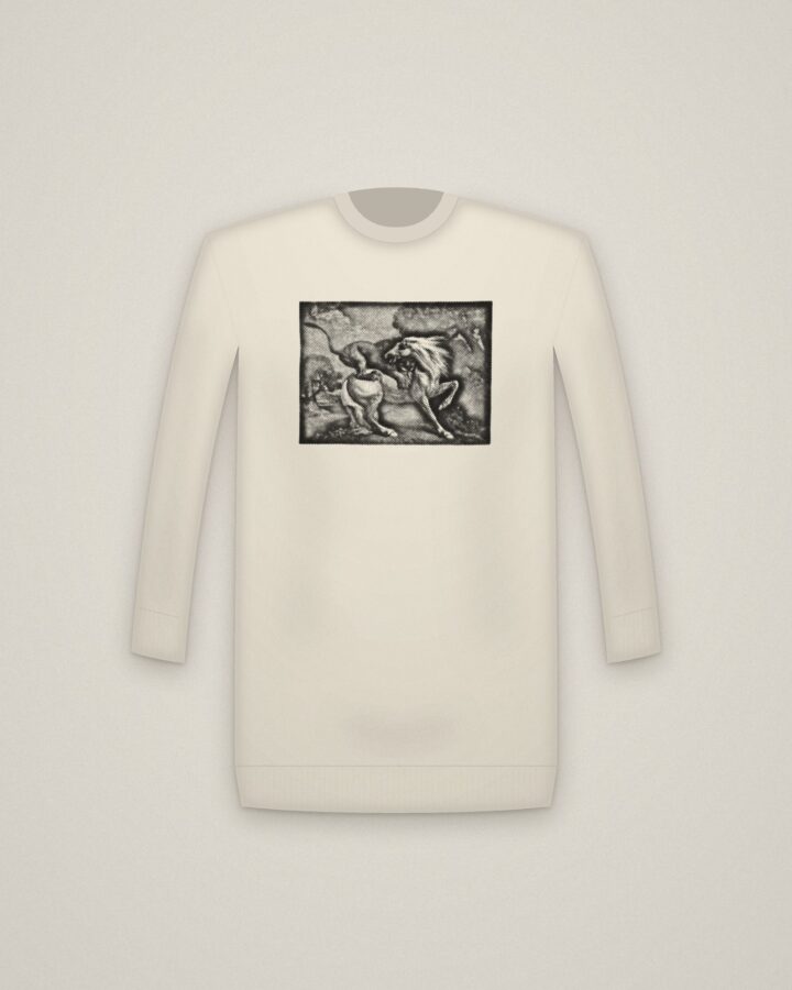 Horse & Lion Crewneck in Natural, A Horse Attacked by a Lion printed in halftone