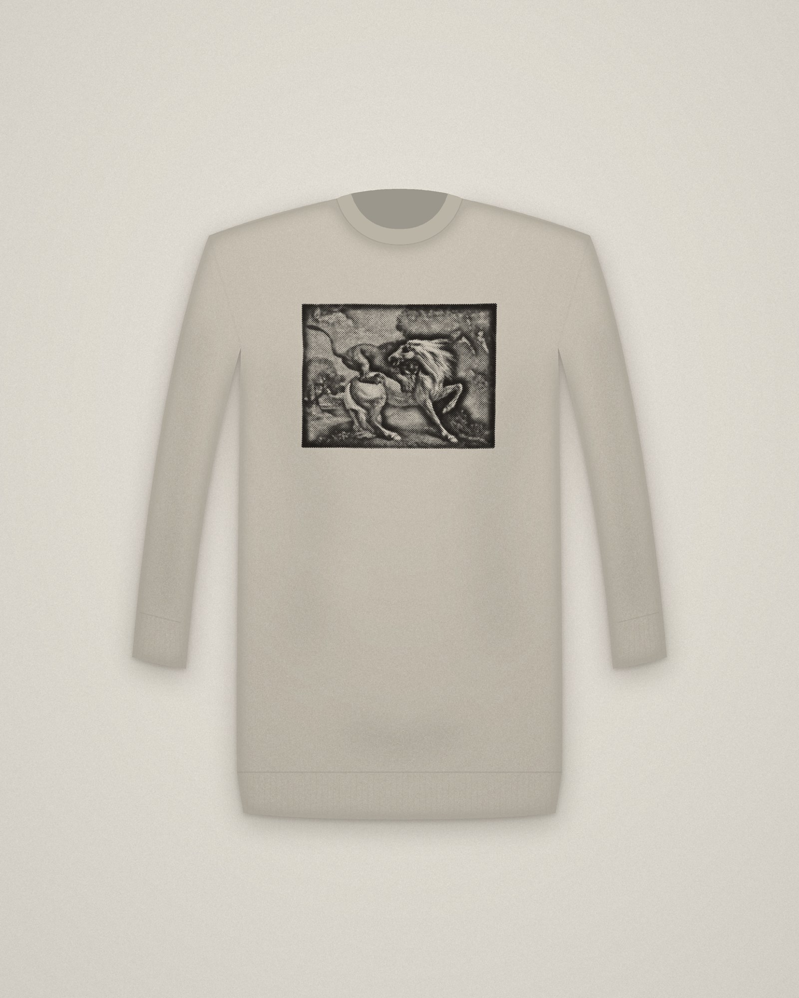 Horse & Lion Crewneck in Stone, A Horse Attacked by a Lion printed in halftone