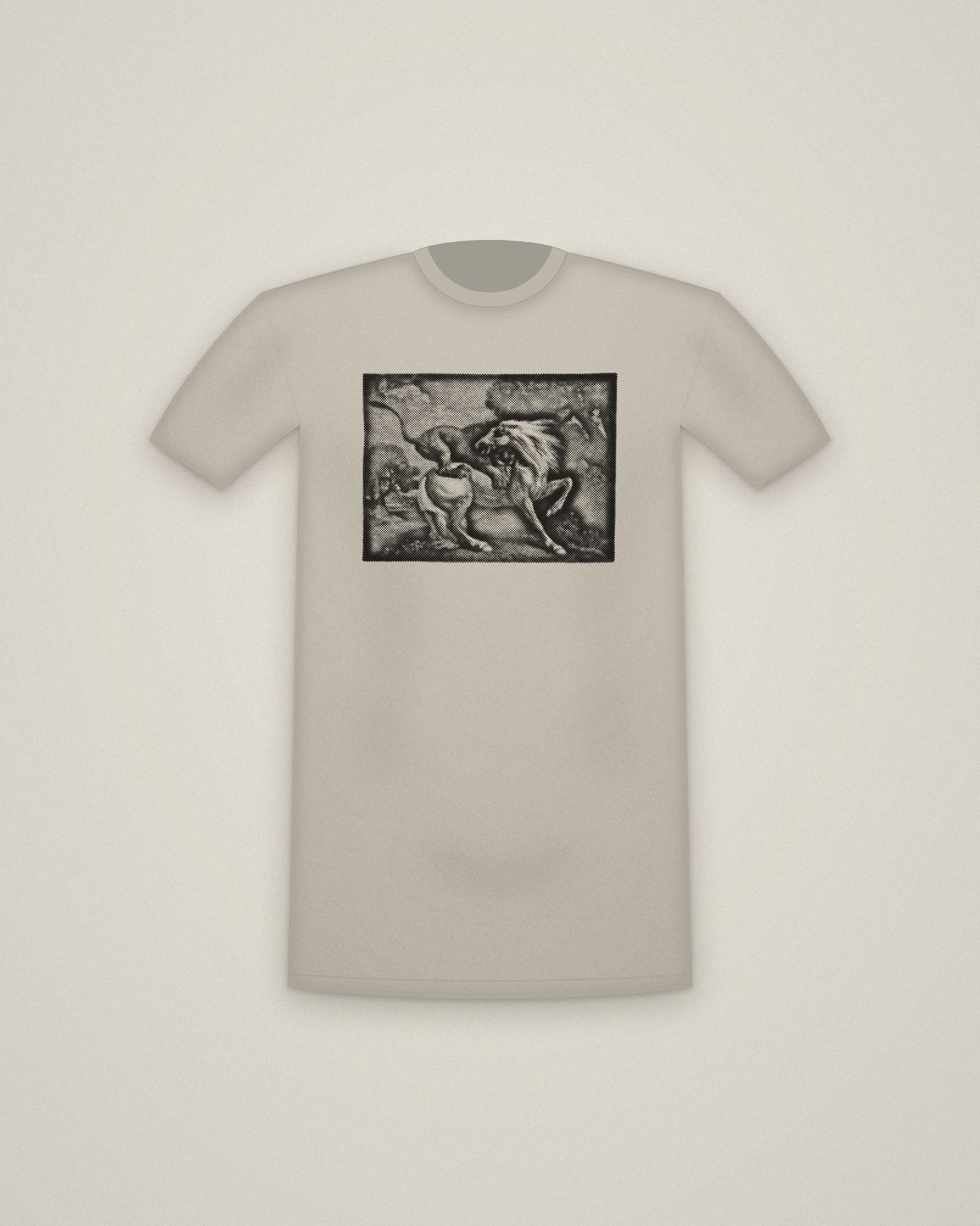 Horse & Lion Tee in Stone, A Horse Attacked by a Lion printed in halftone