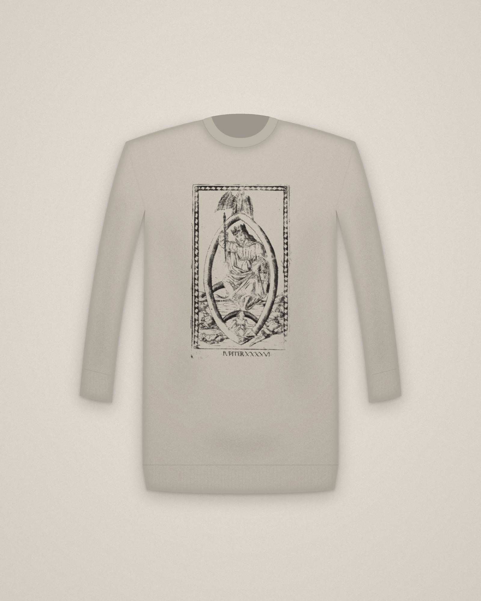 Jupiter Crewneck in Stone, Jupiter, from the Tarocchi: Firmaments of the Universe printed in halftone