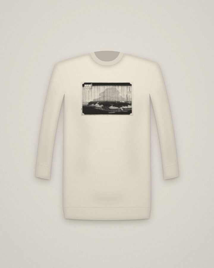 Karasaki Pine Crewneck in Natural, Night Rain at Karasaki, from Eight Views of Ōmi printed in halftone