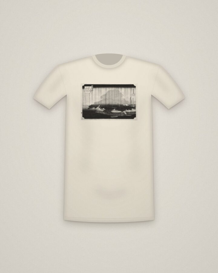 Karasaki Pine Tee in Natural, Night Rain at Karasaki, from Eight Views of Ōmi printed in halftone