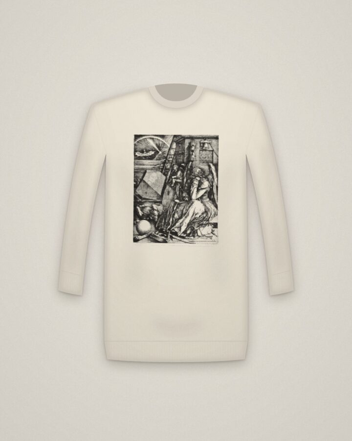 Melencolia Crewneck in Natural, Melencolia I printed in halftone