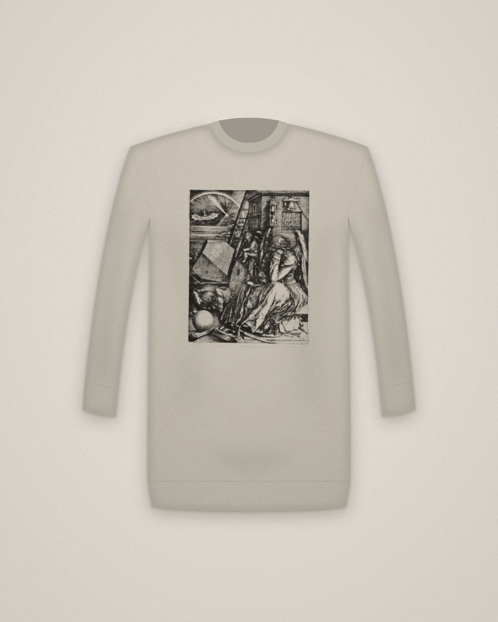 Melencolia Crewneck in Stone, Melencolia I printed in halftone