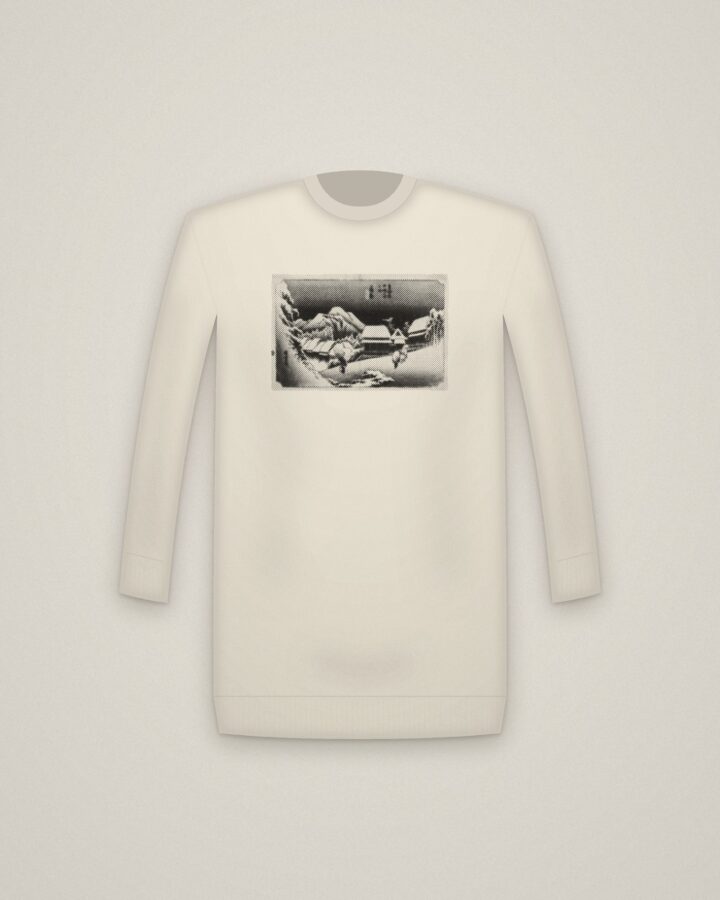 Night Snow Crewneck in Natural, Evening Snow at Kambara, from Fifty-three Stations of the Tōkaidō printed in halftone