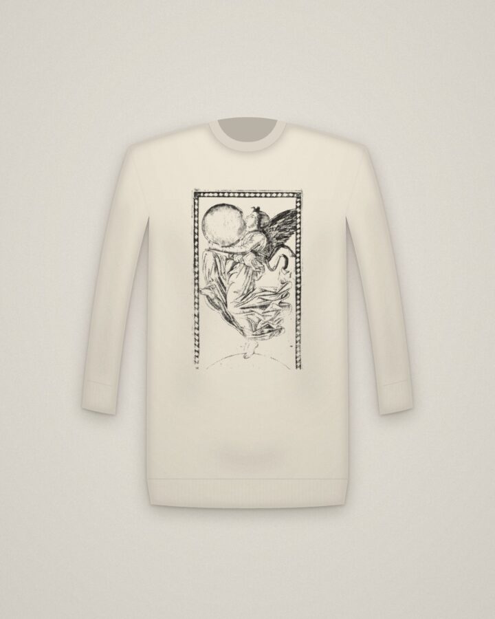 Ninth Sphere Crewneck in Natural, The Angel of the Ninth Sphere, from the Tarocchi: Firmaments of the Universe printed in halftone