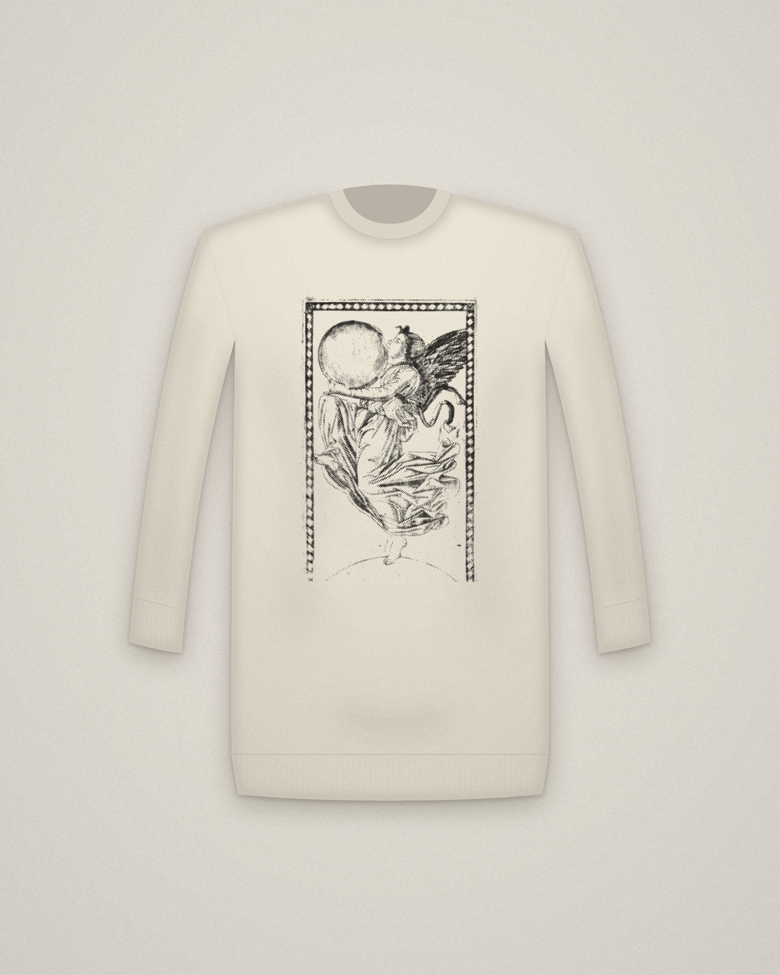Ninth Sphere Crewneck in Natural, The Angel of the Ninth Sphere, from the Tarocchi: Firmaments of the Universe printed in halftone