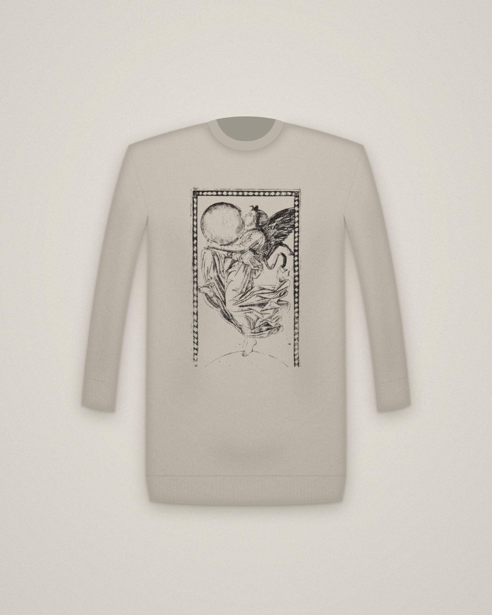 Ninth Sphere Crewneck in Stone, The Angel of the Ninth Sphere, from the Tarocchi: Firmaments of the Universe printed in halftone