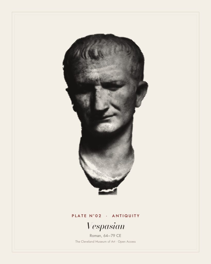 Plate N°02: Portrait Head of Emperor Vespasian, Recut from Head of Nero, Roman, 64–79 CE