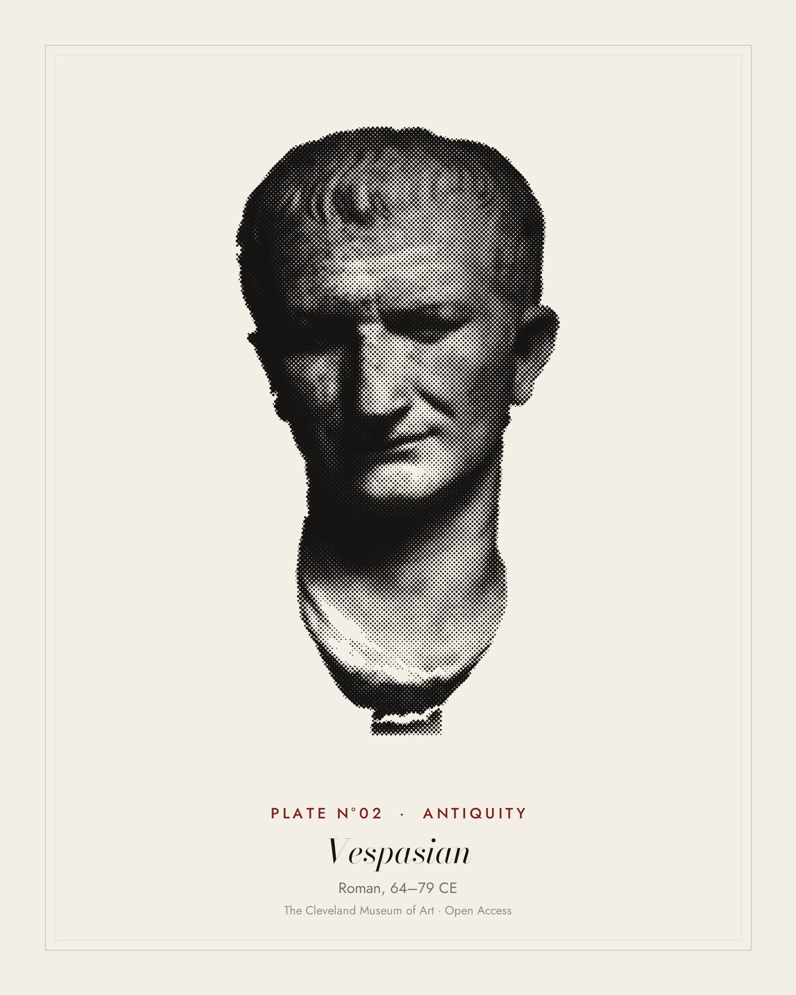 Plate N°02: Portrait Head of Emperor Vespasian, Recut from Head of Nero, Roman, 64–79 CE