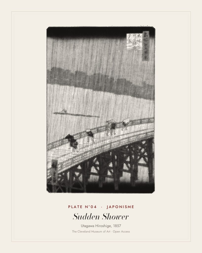 Plate N°04: Sudden Shower over Shin-Ōhashi Bridge and Atake, from One Hundred Famous Views of Edo, Utagawa Hiroshige, 1857