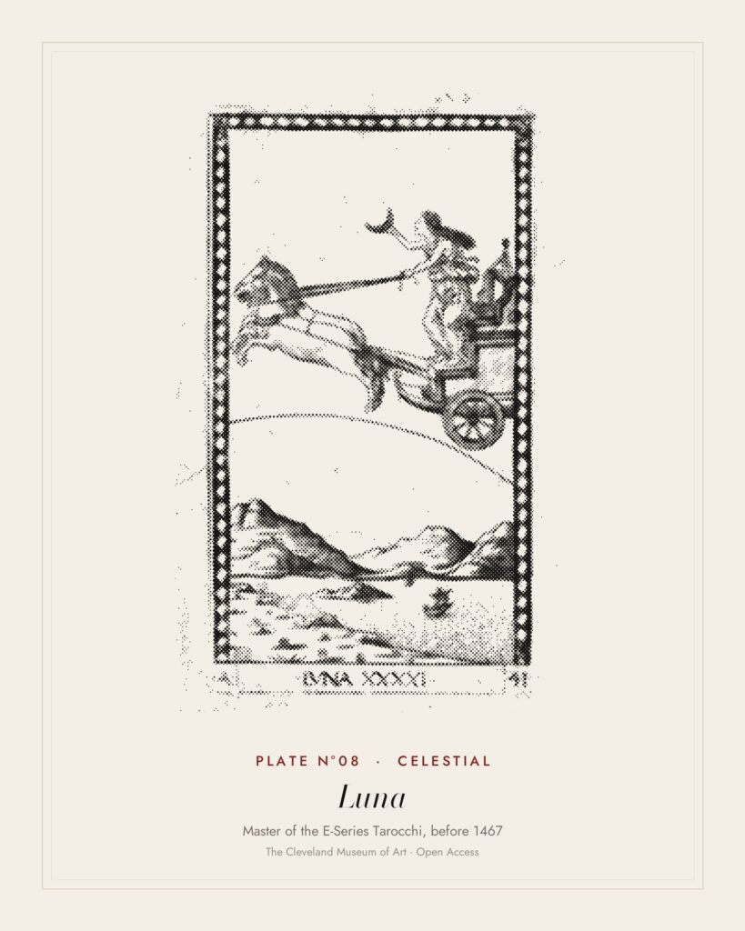 Plate N°08: Luna, from the Tarocchi, Series A: Firmaments of the Universe, Master of the E-Series Tarocchi, before 1467