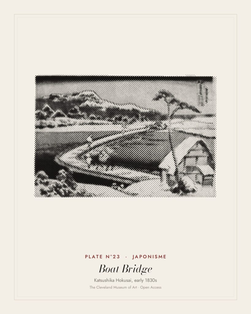 Plate N°23: An Ancient Picture of the Boat Bridge at Sano, from Remarkable Views of Bridges, Katsushika Hokusai, early 1830s
