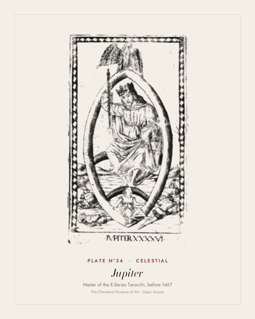 Plate N°34: Jupiter, from the Tarocchi: Firmaments of the Universe, Master of the E-Series Tarocchi, before 1467