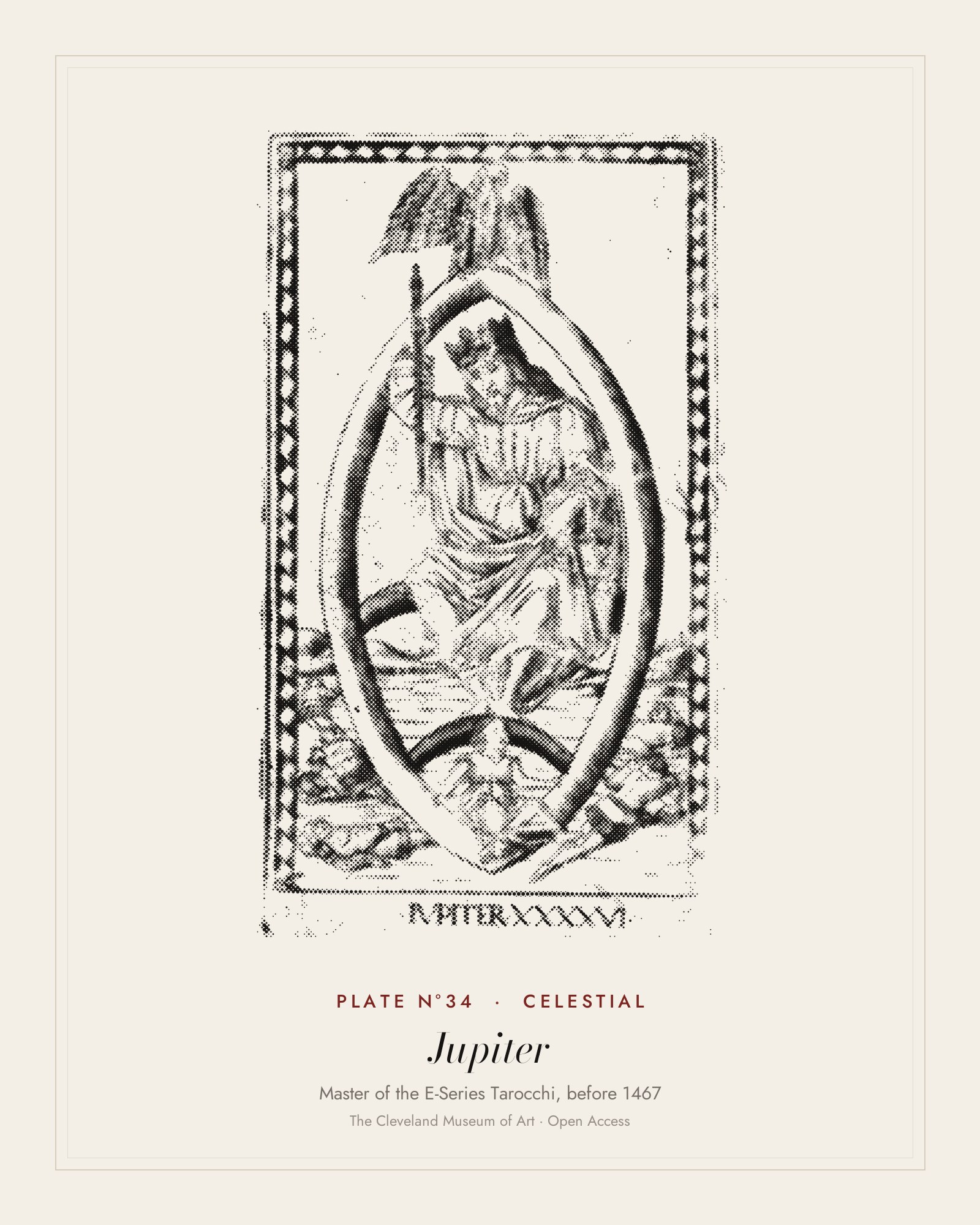 Plate N°34: Jupiter, from the Tarocchi: Firmaments of the Universe, Master of the E-Series Tarocchi, before 1467