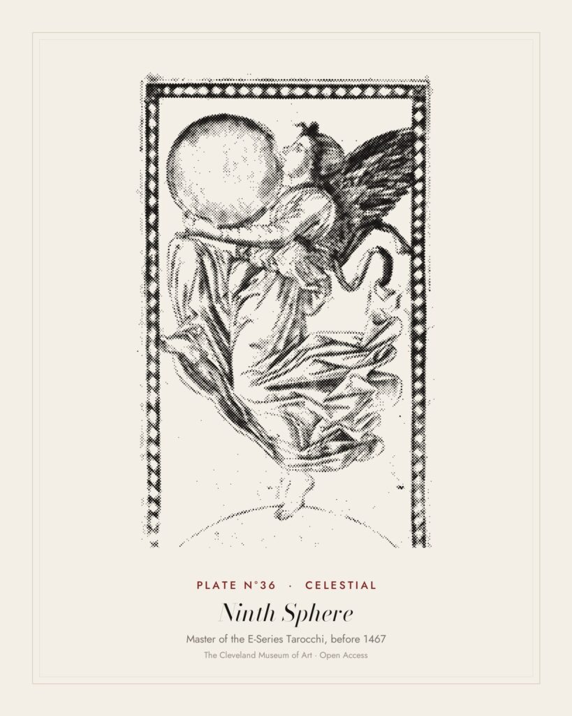 Plate N°36: The Angel of the Ninth Sphere, from the Tarocchi: Firmaments of the Universe, Master of the E-Series Tarocchi, before 1467