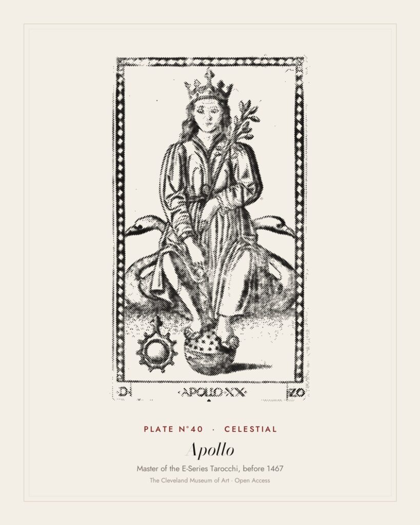 Plate N°40: Apollo, from the Tarocchi: Apollo and the Muses, Master of the E-Series Tarocchi, before 1467