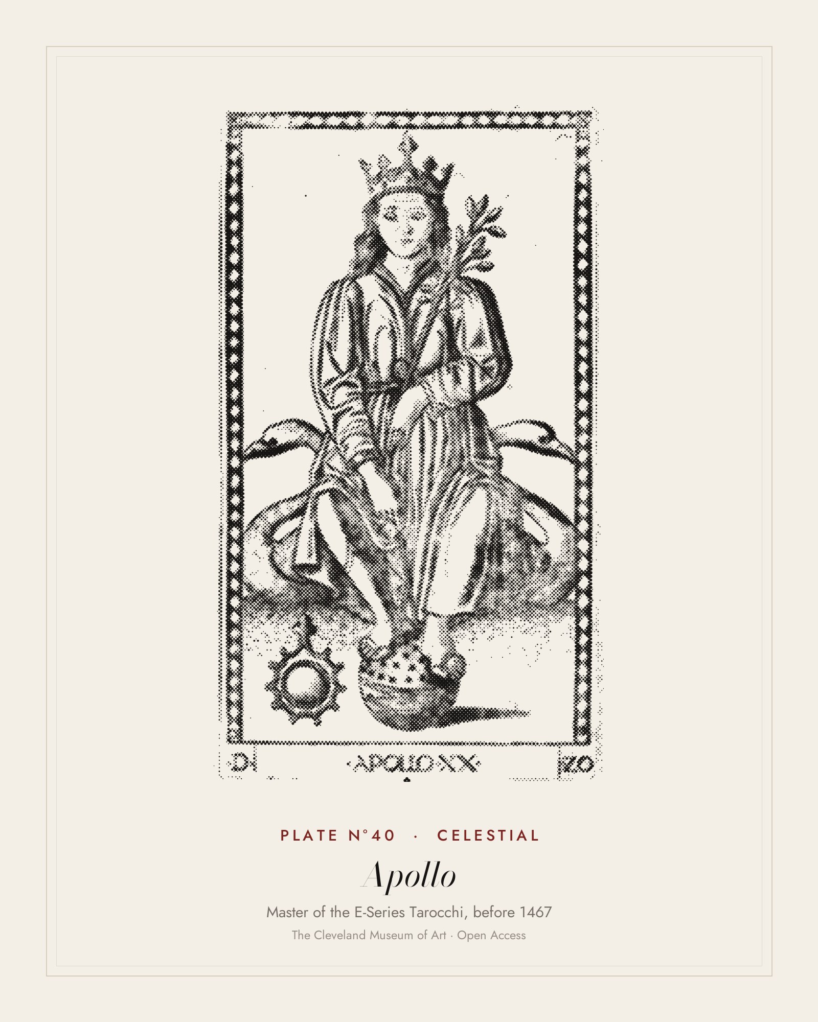 Plate N°40: Apollo, from the Tarocchi: Apollo and the Muses, Master of the E-Series Tarocchi, before 1467