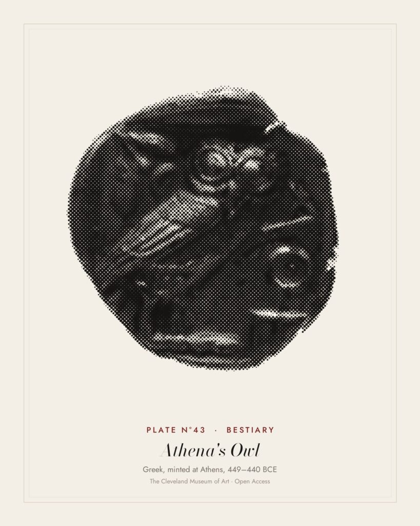 Plate N°43: Tetradrachm: Owl with Crescent Moon and Olive Branch, Greek, minted at Athens, 449–440 BCE