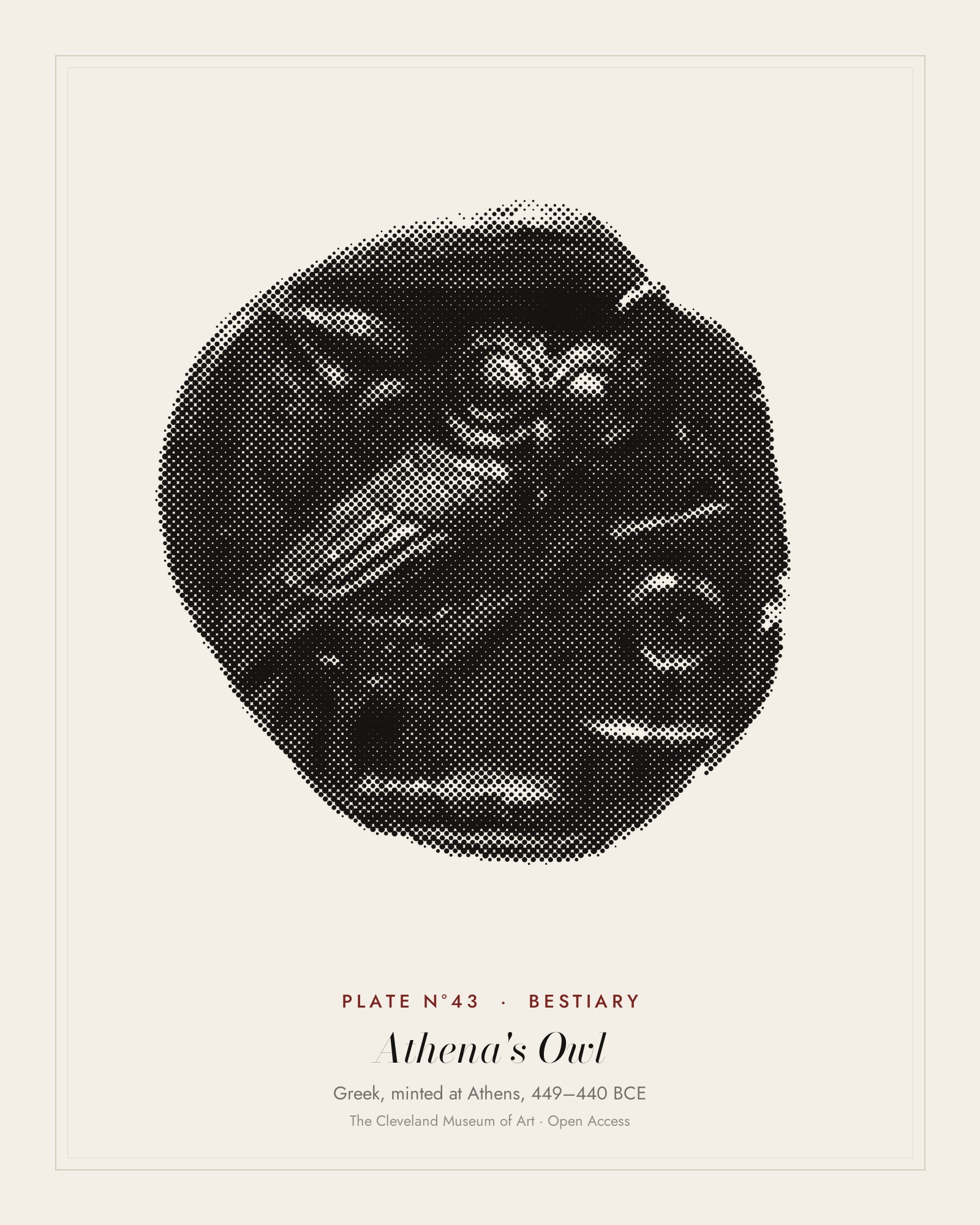 Plate N°43: Tetradrachm: Owl with Crescent Moon and Olive Branch, Greek, minted at Athens, 449–440 BCE