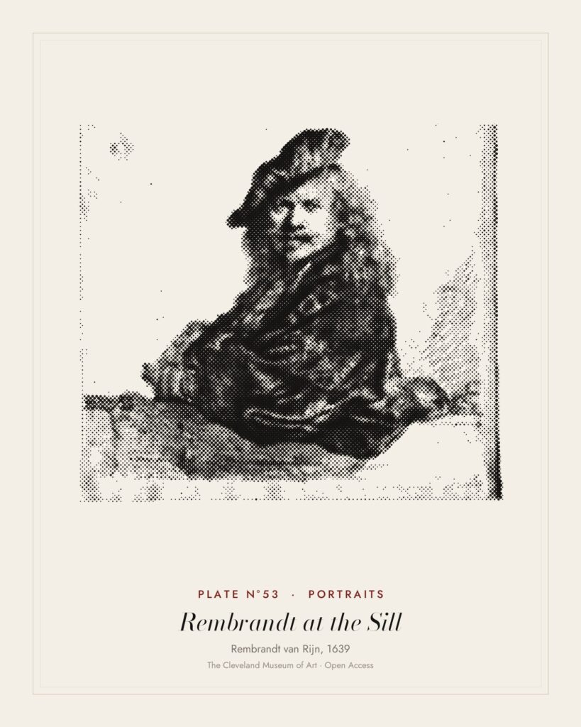Plate N°53: Self-Portrait Leaning on a Stone Sill, Rembrandt van Rijn, 1639