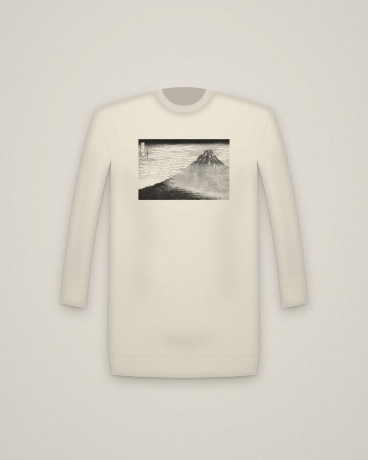 Red Fuji Crewneck in Natural, South Wind, Clear Sky, from Thirty-Six Views of Mount Fuji printed in halftone