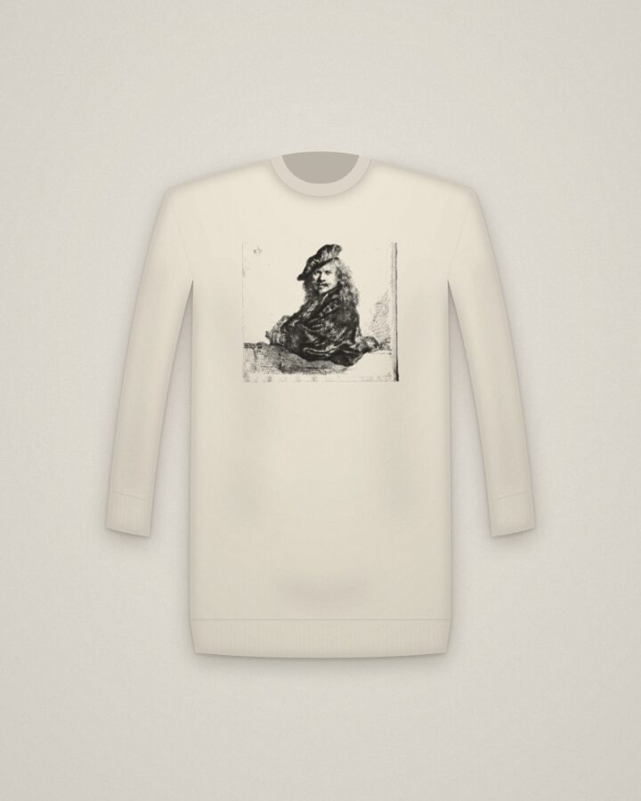 Rembrandt at the Sill Crewneck in Natural, Self-Portrait Leaning on a Stone Sill printed in halftone