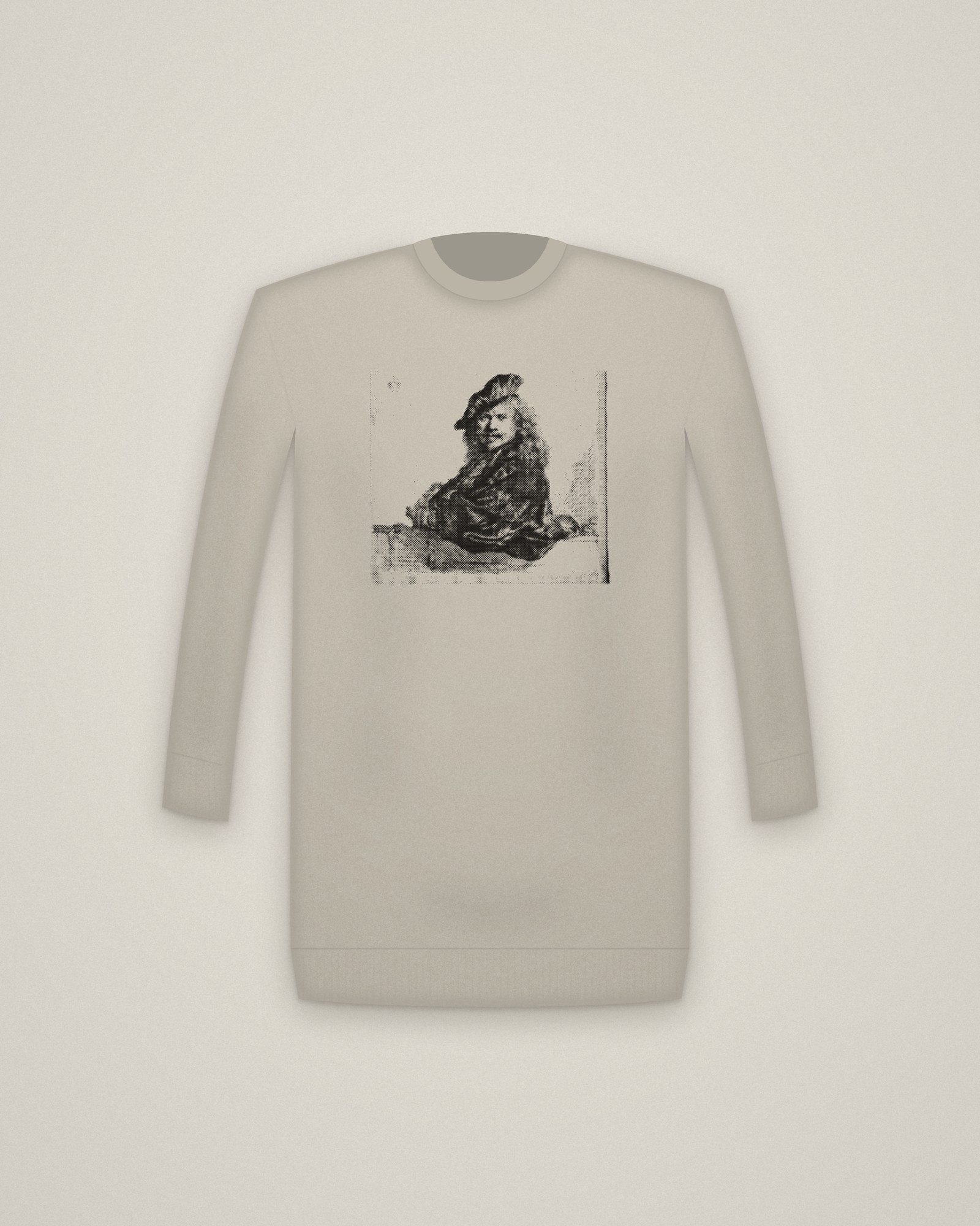 Rembrandt at the Sill Crewneck in Stone, Self-Portrait Leaning on a Stone Sill printed in halftone