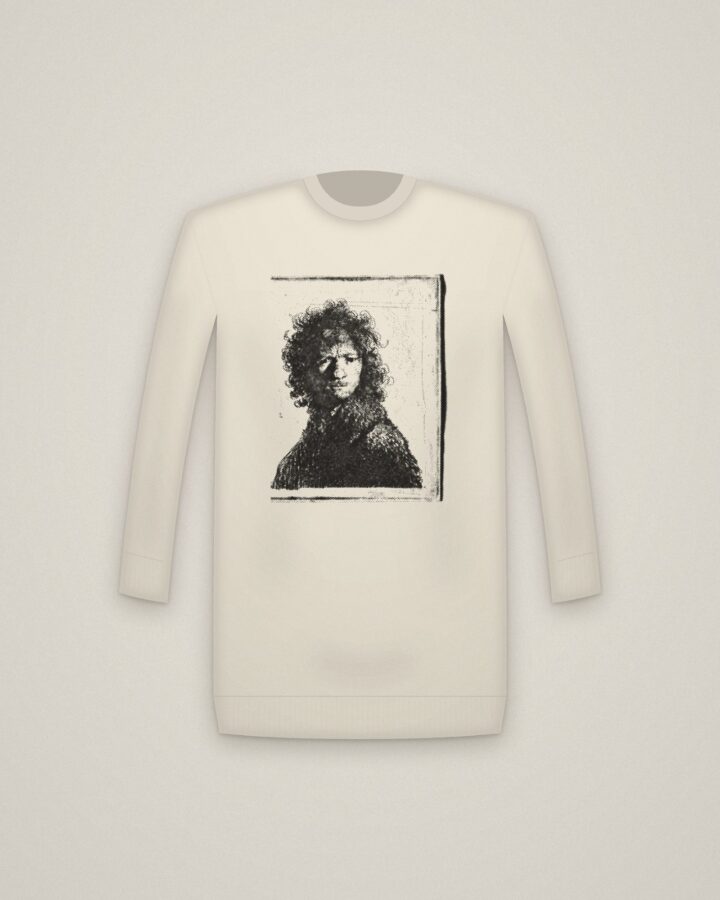 Rembrandt Frowning Crewneck in Natural, Self-Portrait Frowning: Bust printed in halftone