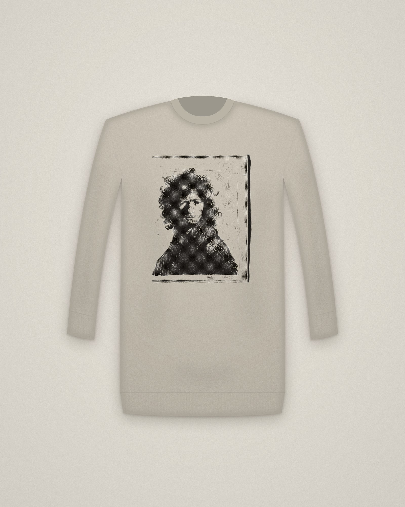 Rembrandt Frowning Crewneck in Stone, Self-Portrait Frowning: Bust printed in halftone