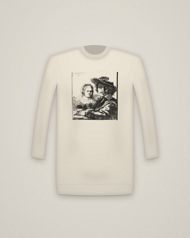 Rembrandt & Saskia Crewneck in Natural, Rembrandt and His Wife Saskia printed in halftone